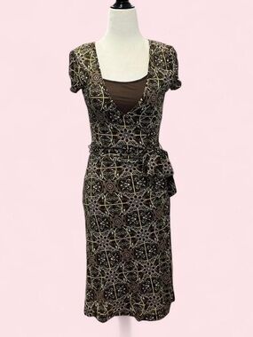 Y2K Esprit Brown & Gold Geometric Wrap Dress with Flutter sleeves